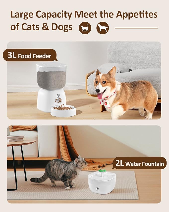 HX HECLX Automatic Cat Feeder with 3L Dry Cat Food Dispenser and 2L Water Fountain, Timed Dog Feeder with Portion Control and Daily Meals, Wire/Battery Automatic Feeders, White