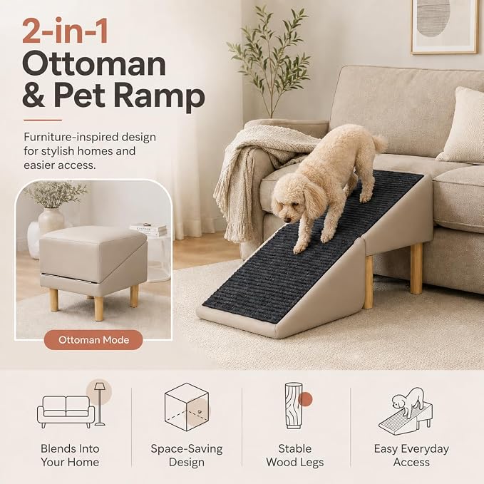 Dog Ramp for Couch, 16" H × 16" W 2-in-1 Split Ottoman Dog Stairs, Foldable Wooden Pet Ramp with 23° Gentle Incline & Non-Slip Surface, Pet Steps for Senior Small Medium Large Dogs (Off-White)