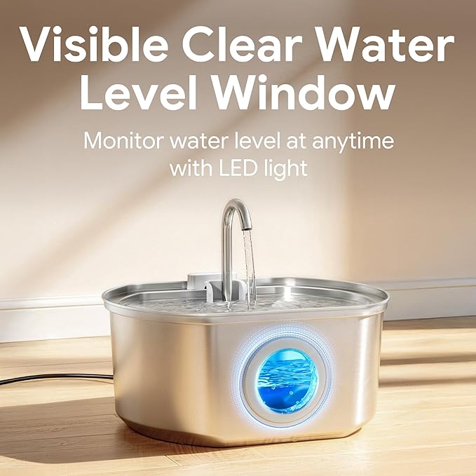 Cat Water Fountain Stainless Steel: 108oz/3.2L Cat Fountain for Drinking - Pet Water Fountain Inside - Automatic Dog Watering Dispenser Bowl - Pet Feeding & Watering Supplies - Water Level Window