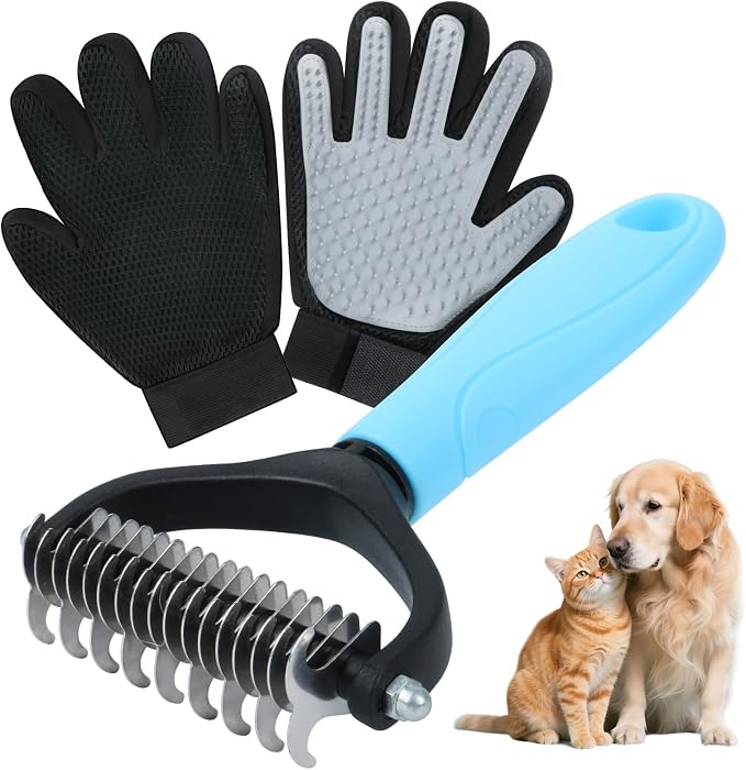 Cat & Dog Grooming Gloves for Shedding Brushes 1 Pair and Pet Grooming Rake, 1-Pack