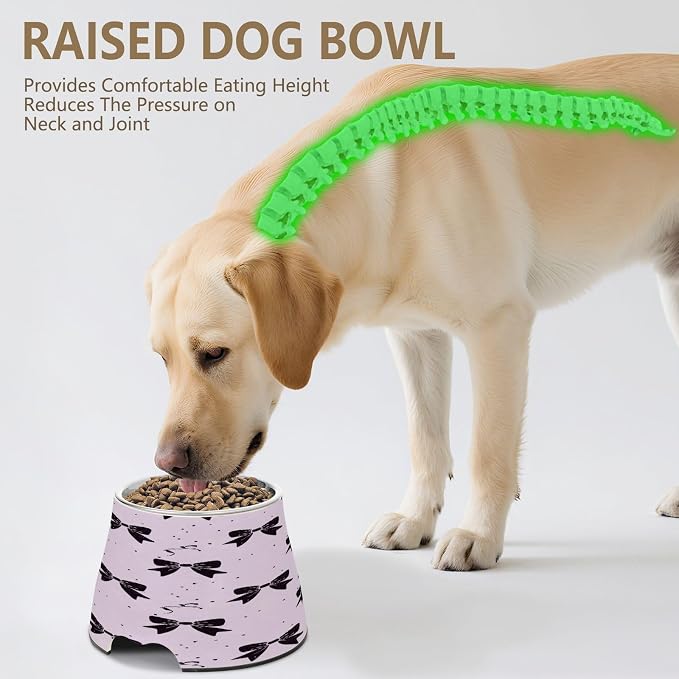 Blueangle Elevated Dog Bowls with Stainless Steel - Non-Slip 2.3 Cup High Capacity Pet Dish for Spinal Health & Black Bows Design（284）