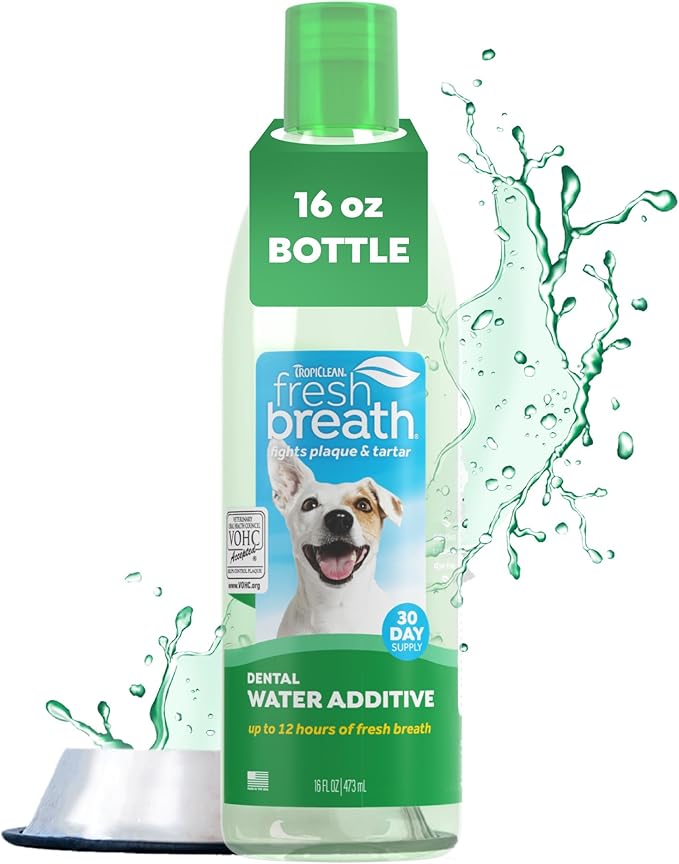 TropiClean Fresh Breath Water Additive for Dogs, Dog Breath Freshener, 16oz | Freshens Breath & Cleans Teeth | No Toothpaste or Toothbrush Required
