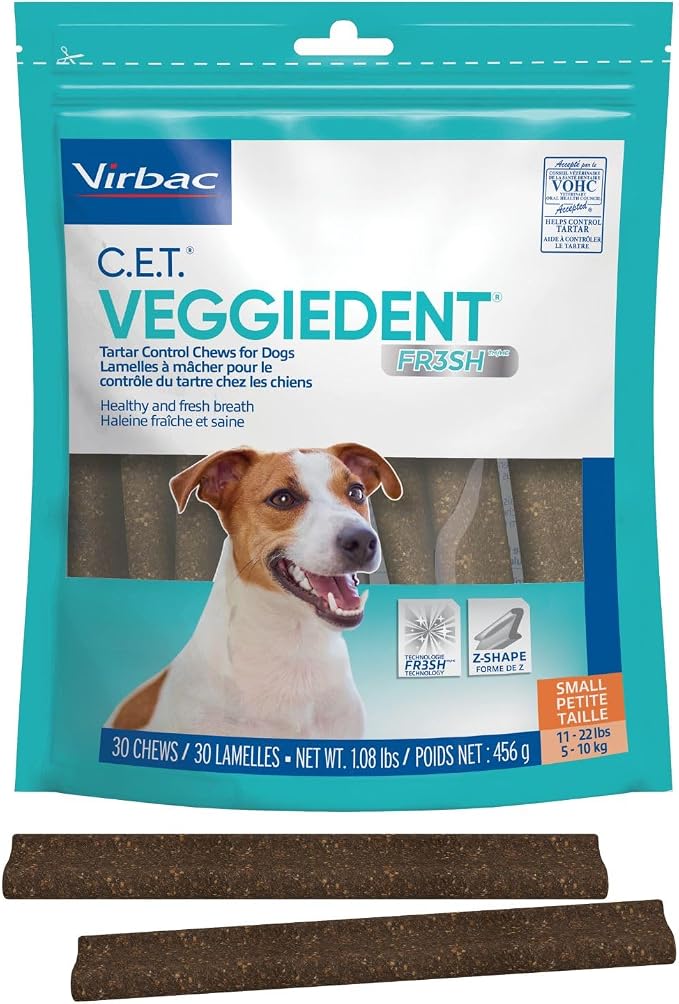 Virbac C.E.T.® VEGGIEDENT® FR3SH® Tartar Control Chews for Dogs with digestive health support, VOHC Approved, Small 11-22lbs