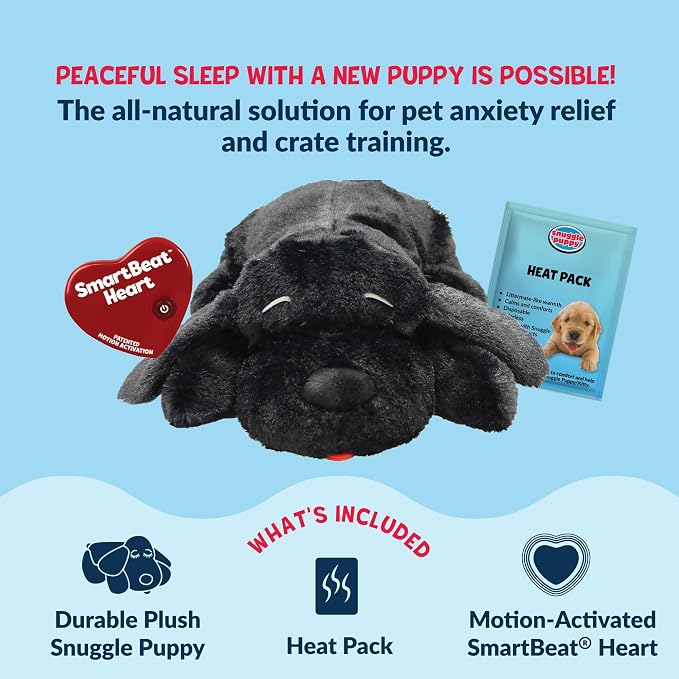 Snuggle Puppy Heartbeat Dog Toy for Puppies, Real-Feel Heartbeat, Calming Sleep Aid and Crate Training Comfort Toy with Heat Pack, Black Plush Design | Calming heartbeat toy, crate training comfort, heat pack, new puppy essentials, first nights, sleep,...