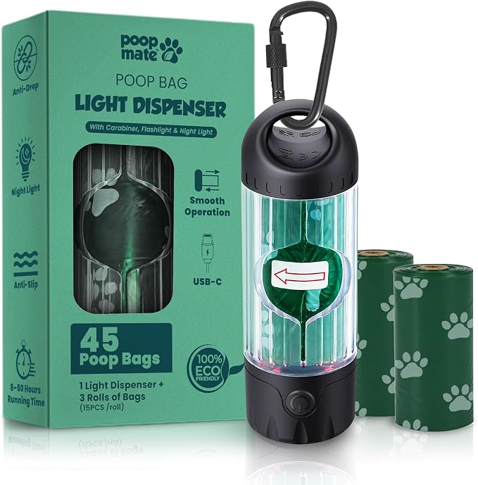 Dog Poop Bag Dispenser with LED Flashlight for Leash – USB-C Rechargeable, Waterproof, Hands-Free Dog Waste Bag Holder for Night Walks – Includes 45 Bags (3 Rolls)