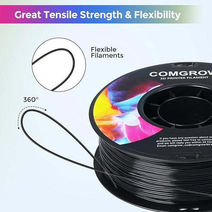 Comgrow TPU Filament, 1.75mm, 95A Soft TPU Flexible 3D Printer Filament Black 2 * 1kg (2.2lbs), Dimensional Accuracy +/- 0.02 mm, Fit Most FDM Printer