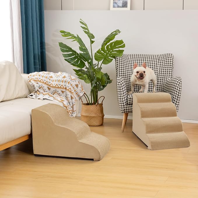 Aodisman 3-Step Dog Ramp and Stairs for Sofa and Chair - Non-Slip Sturdy Pet Steps for Small Dogs and Cats,15.7" H,Khaki