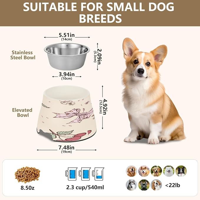 Blueangle Elevated Dog Bowls with Stainless Steel - Non-Slip 2.3 Cup High Capacity Pet Dish for Spinal Health & Cherry and Bow Design（409）