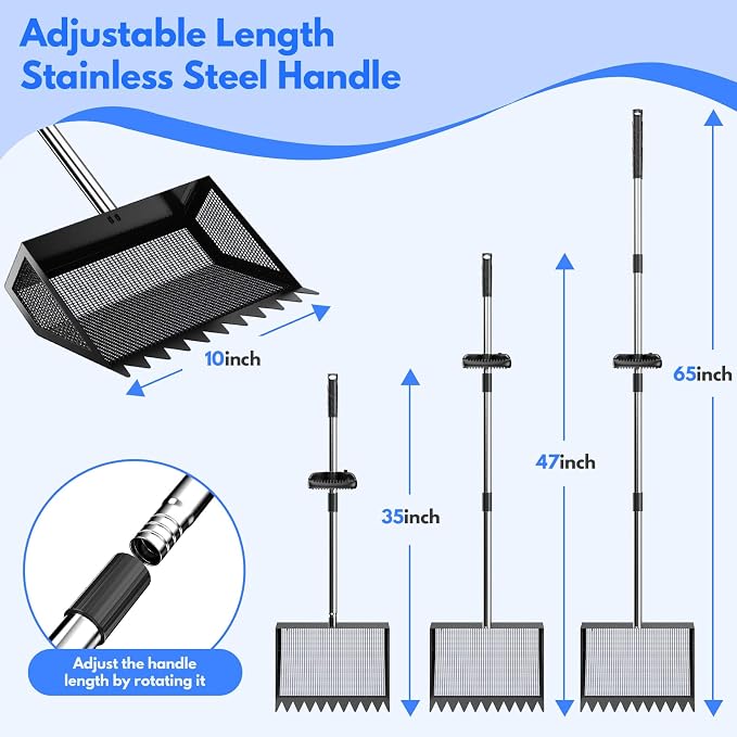 Chicken Poop Scooper Rake 2-in-1,304 Stainless Steel Shovel Head, Chicken Litter Scoop with Handle for Chicken Coop for Sand, Pet Waste Cleaning, Litter Sifting Shovel (35 to 65") (Black, 10inch)