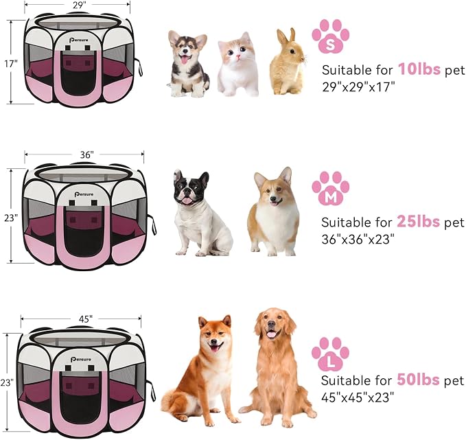 Dog Cat Playpen Indoor Outdoor for Puppy Pet Dogs Cat Recovery After Surgery, Dog Tent Crates Cage Indoor/Outdoor, Portable Pop Up Kennel with Carrying Case for Travel (Pink, Large)
