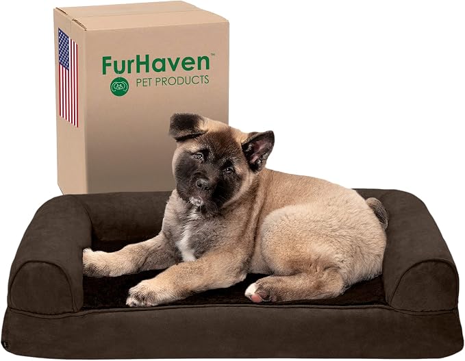 Furhaven Memory Foam Dog Bed for Medium/Small Dogs w/ Removable Bolsters & Washable Cover, For Dogs Up to 35 lbs - Plush & Suede Sofa - Espresso, Medium