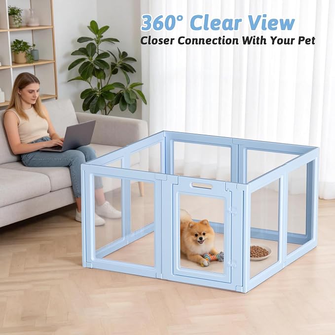 DIY Clear Acrylic Dog Playpen House,Quick Easy Assembly and Disassembly,Strong Floor Suction,Indoor and Outdoor Use,Easy Cleansing Puppy Fence (Sky Blue, 30.3" H, 8PCS)