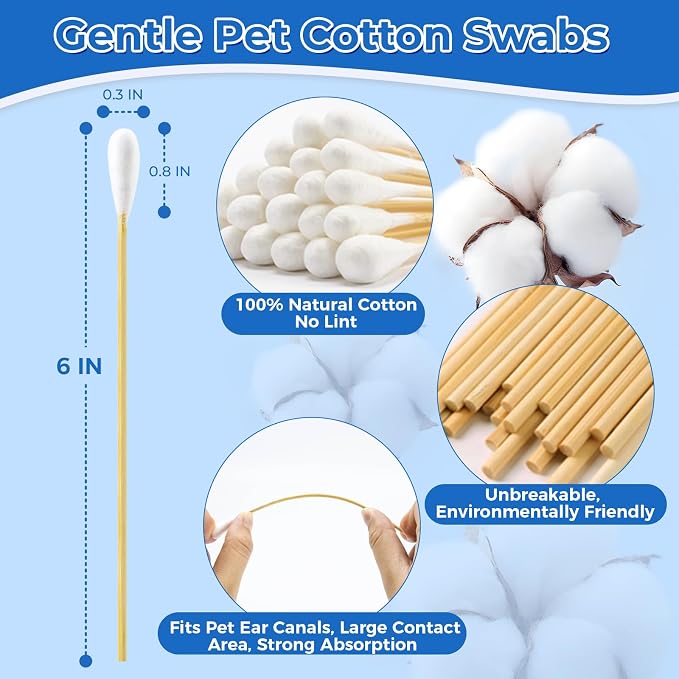 6 Inch Large Cotton Swabs for Dog Ear Cleaning, 100 Pcs