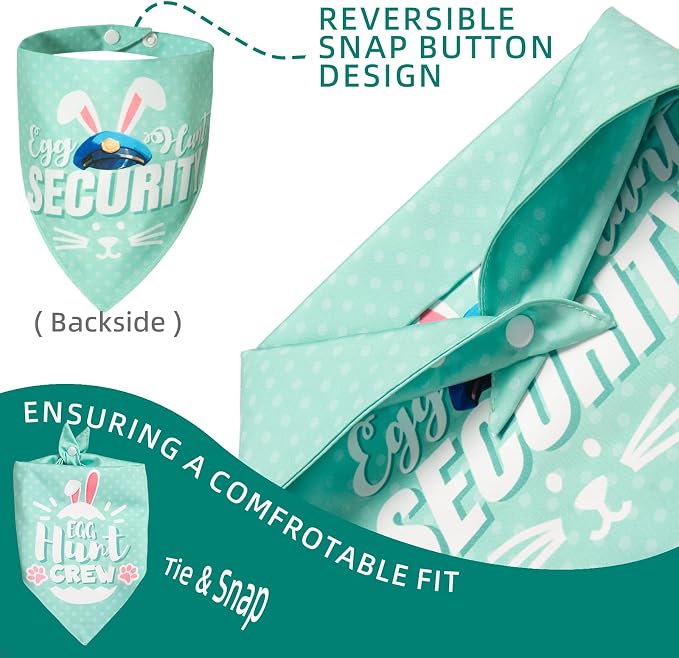 Easter 2-in-1 Dog Bandanas with Cute Egg Hunt Crew & Security Roles for Easter, Medium, Small, Green