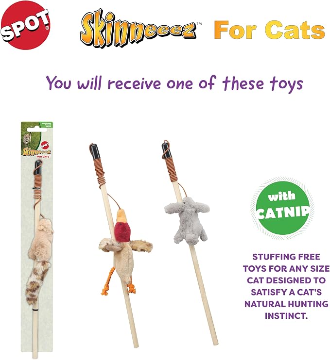 SPOT Skinneeez Stuffing-Free Forest Friends Cat Teaser Wand Toy with Catnip – Interactive Play for Cats and Breeds, Assorted Characters, 12-Inch