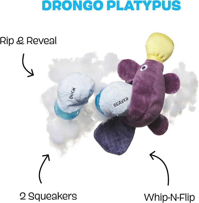 BarkBox Drongo Platypus Dog Toy - for Small to Medium Dogs | Plush Rip & Reveal Toy with Whip-N-Flip Tail, 2 Squeakers & Hidden Bonus Toys Inside