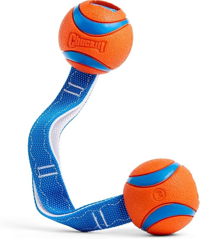 Chuckit! Ultra Duo Tug Dog Toy, Medium 2.5in, Orange and Blue, 20-60lbs | Two Ultra Balls on a Durable Nylon Cord Handle for Fetch and Tug-of-War Play; Made for Breeds 20-60 lbs, in Orange and Blue