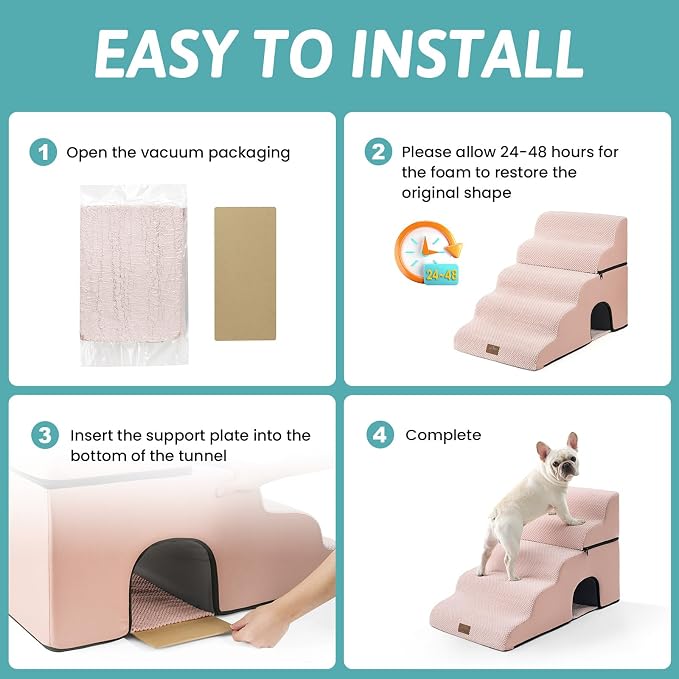 COZY KISS Small Dog Stairs with Tunnel, 5 Step Pet Ramp for High Bed | Curved Stable Dog Step for Puppy, Older Cat, Senior, Medium, Short-Legged Dog, Non-Slip Ladder for Car, 22.4" H, Pink