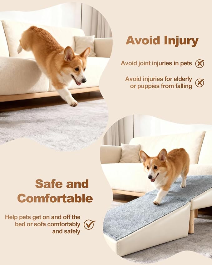 Dog Ramp for Couch Sofa and Low Bed, 15.7" W 2-in-1 Foldable Split Ottoman&Steps, Non-Slip Wooden Pet Stairs for Small Senior Injured Dogs & Cats, Grey