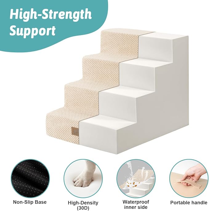 COZY KISS Dog Stairs for Small Dogs, 4 Step Pet Stairs for Beds & Couches | 17.7" Wider H Non-Slip Dog Steps for Bed, Ideal for Puppies, Senior Cats, and Small to Medium Dogs, 17.7x23.6x17.7 in, Beige