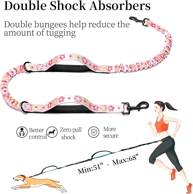 iYoShop Hands Free Dog Leash with Zipper Pouch, Colorful Flower, Large | Waist Leash, Dual Padded Handles, Shock-Absorbing Bungee, Adjustable Waist Belt, Walking and Running