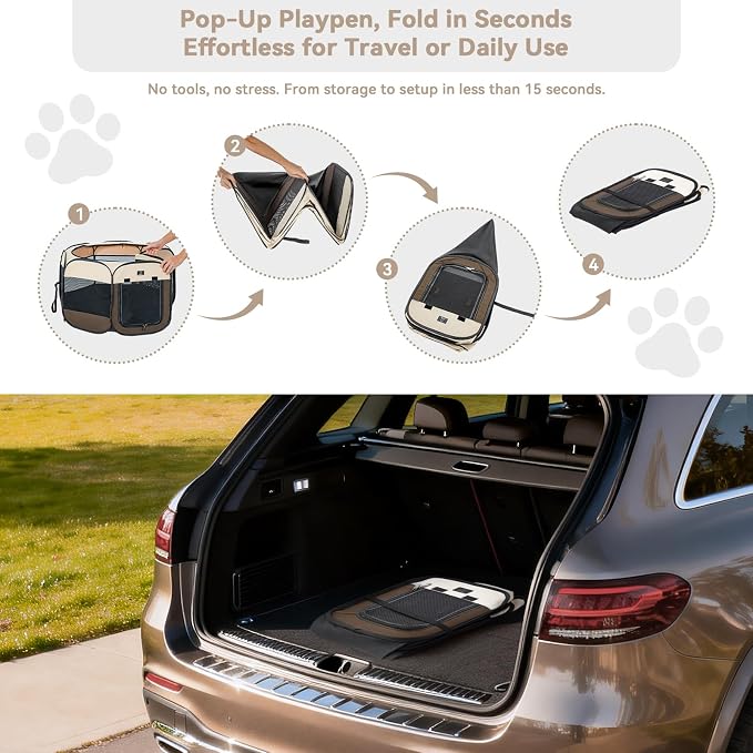 Dog Playpen for Small Dogs & Puppies, 29.92" Portable Indoor Outdoor Puppy Playpen with Bowl, Waterproof Floor, Foldable Pop-Up Pet Pen for Home, Travel & Daily Use, Brown+Beige