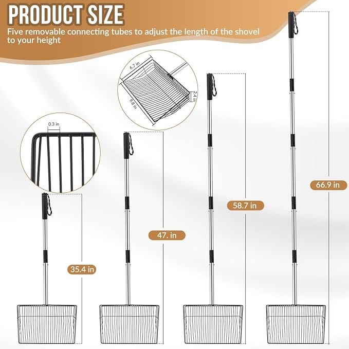 SlowTon Chicken Poop Scooper 10" Wide - Stainless Steel Chicken Coop Scoop Heavy Duty with 40 to 77" Long Handle for No Bending Work, Chicken Coop Litter Cleaning Tool Sand Sifting Shovel