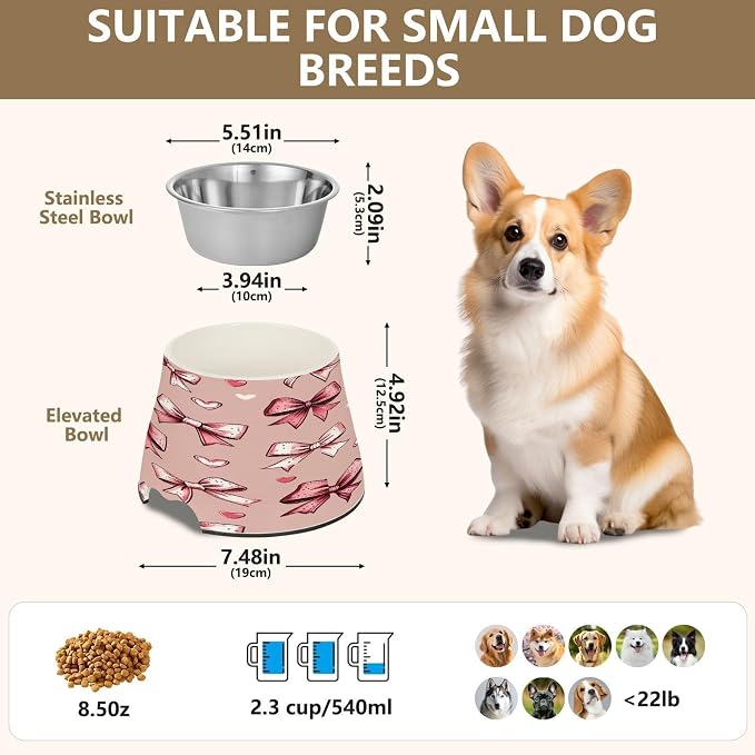 Blueangle Elevated Dog Bowls with Stainless Steel - Non-Slip 2.3 Cup High Capacity Pet Dish for Spinal Health & Vintage Bows Design（543）