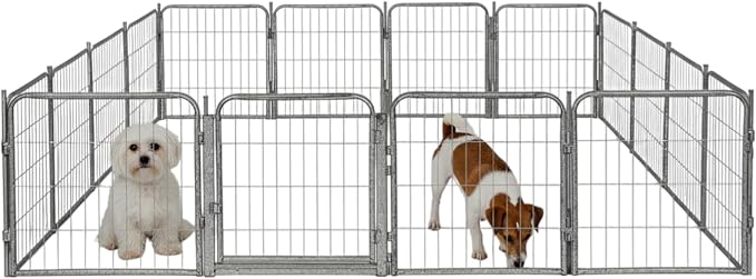 Indoor Dog Playpen - 24 inch, 16 Panels for Small and Puppy Size Dogs - Play Pen w/Extra Wide Gate - Heavy Duty Metal Portable Pet Fence with Grey Anti-Rust Coating
