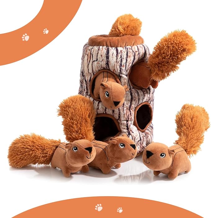 Hollypet Squeaky Hide and Seek Dog Toys for Small and Medium, Squirrel | Interactive Plush Stuffed Dog Squeak Toys for Small Medium Sized Dogs and Non-Aggressive Chewers, Puppy Teeth Clean Chew Toys