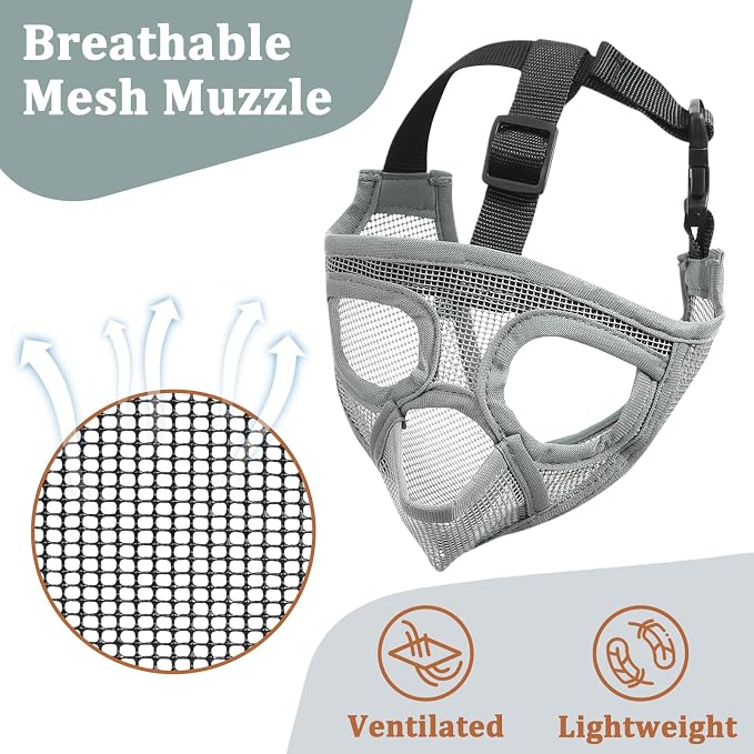 Mesh Short Snout Dog Muzzle with Anti-Eating Design for Frenchie | Fits French Bulldog Pug English Bulldog, Prevent Scavenging, Walking Grooming Use , Allows Full Panting Drinking | Grey, XXS