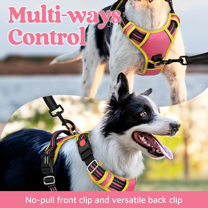 rabbitgoo Dog Harness Medium Sized, No Pull 3 Buckles Easy On & Off | Soft Padded, Walking with Control Handle, Adjustable and Reflective, Pink & Yellow, Medium
