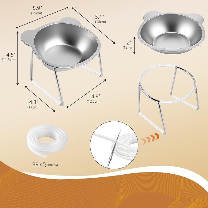15° Tilted Elevated Cat Bowl - Silent Stainless Steel Raised Cat Dish with 1M DIY Noise-Canceling Strip - Anti-Vomiting & Neck Protection - 304 Food Grade Metal Cat Bowl, Dishwasher Safe