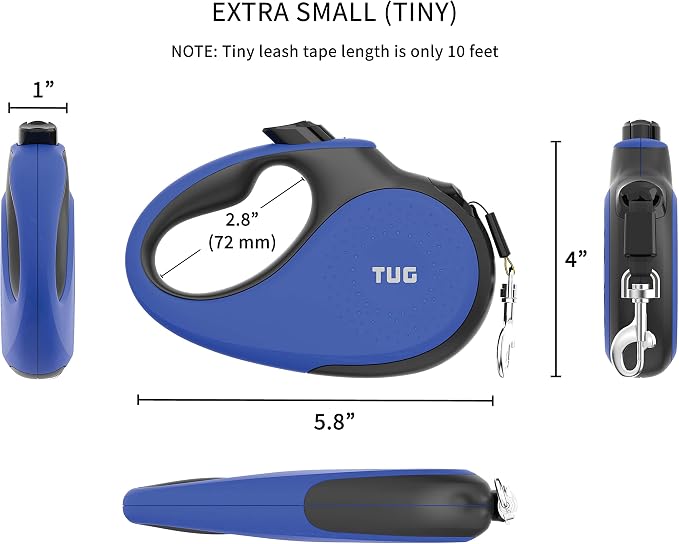 TUG Tiny Retractable Dog Leash, 10 ft (Extra Small, Blue) | 360° Tangle-Free Retraction, 10 ft Tape, Quick Thumb Lock, Anti-Slip Handle, For Pets Under 26 lbs