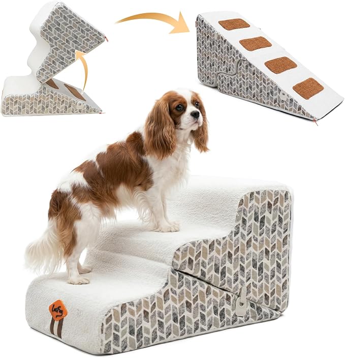 Laifug Pet Dog Stairs for Small Dogs 16.5" H, 2 in 1 Transformable 3-Step Pet Stairs and Dog Ramp for Couch (13-20 in), Beige Adjustable Pet Steps with Non-Slip Waterproof Cover