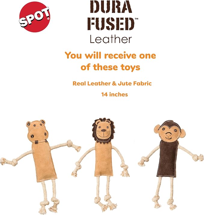 SPOT Dura-Fused Leather Jungle Animals - Dog Toy with Squeakers and Rope Limbs, Real Leather and Jute Chew Toy, Durable No-Stuffing Toy for Light to Moderate Chewers - 14in, Assorted Styles, 1 Piece