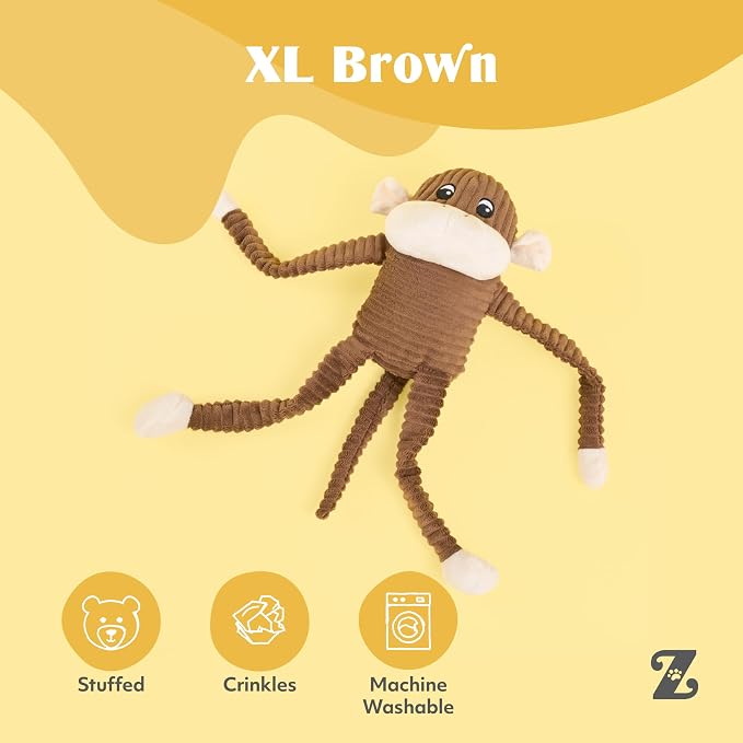 ZippyPaws Crinkle Monkey for Medium-Extra Large Dogs, Extra Large/Brown | Interactive Dog Toys to Keep Them Busy, Squeaky Plush Pet Toy for All Breeds, Contains 1 Squeaker