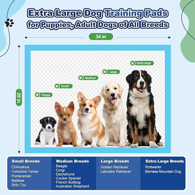 Puppy Pads XL 100 Count, Dog Pee Pads Extra Large, 34"x28" Pee Pads for Dogs, X-Large Disposable Dog Training Pads Super Absorbent&Leak-Proof, Incontinent Potty Piddle Pads for Doggy, Pet Supplies