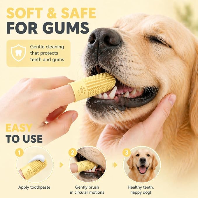 Dog Toothbrush Finger Silicone | Pet Dental Cleaning Brush for Dogs & Cats | Soft Bristles Oral Care | Finger Toothbrush for Pets (Yellow)
