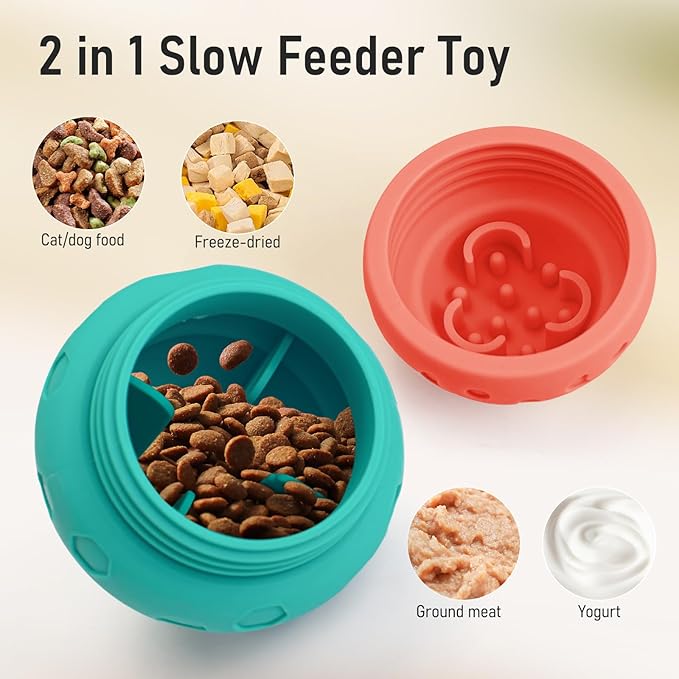 Dog Treat Dispensing Toy, Silicone Puppy Food Dispenser for Small Medium Dogs Puzzle Feeder Ball Interactive Toys & Enrichment Mental Stimulation Topple Outdoor Training Travel Honeycomb Green & Red