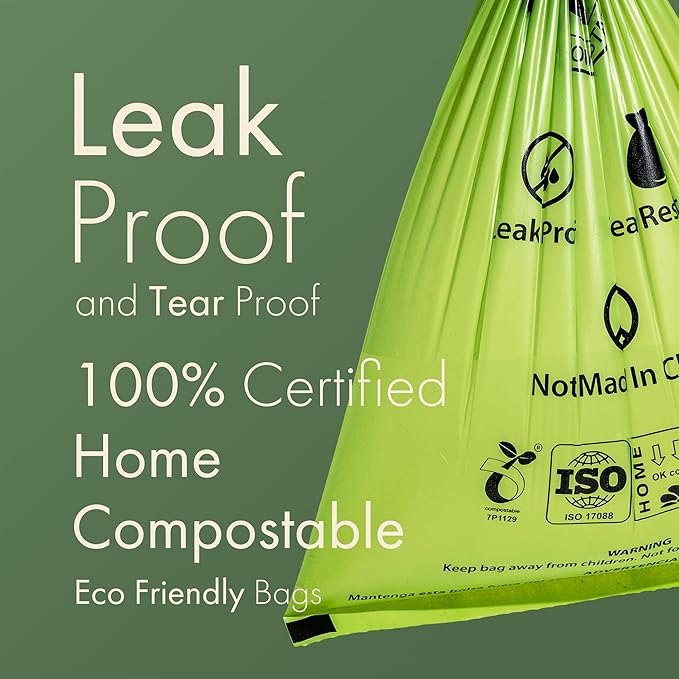 (Not Made In China) 100% Certified Home Compostable Dog Poop Bags,300 Count, Plant Based Refill Rolls, Leakproof Doggie Waste Bag, Unscented, Corn Starch and PBAT, EN 13432 Compliant and TUV Certified