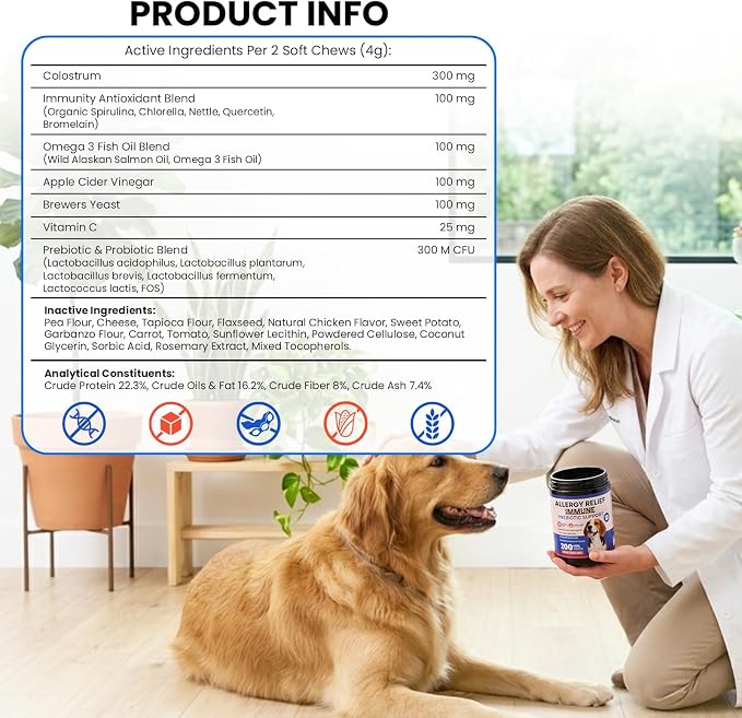 Dog Allergy Chews 200 Ct - Itch Relief for Dogs Immune Support with Colostrum Probiotics & Omega 3 - Seasonal Allergies Anti-Itch Skin & Coat Supplement, Itchy Skin & Paw Relief Bites - Chicken Flavor