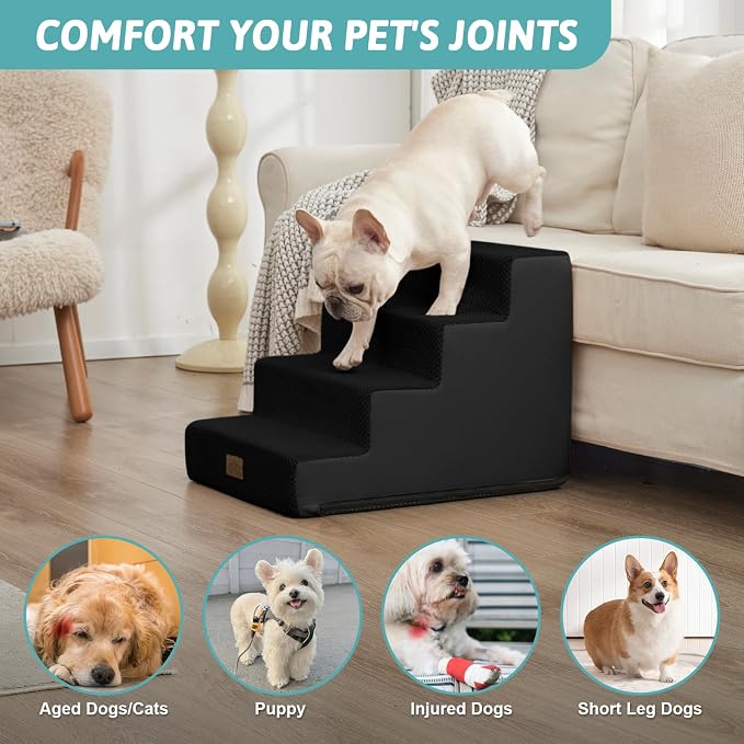 COZY KISS Dog Stairs for Small Dogs, 4 Step Pet Stairs for Beds & Couches | 17.7" H Non-Slip Dog Steps for Bed, Wider for Puppies, Senior Cats, and Small to Medium Dogs, 15.7x23.6x17.7 in, Black