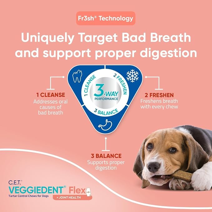 C.E.T. Veggiedent Fr3sh & Flex Plaque and Tartar Control Chew for Dogs, M