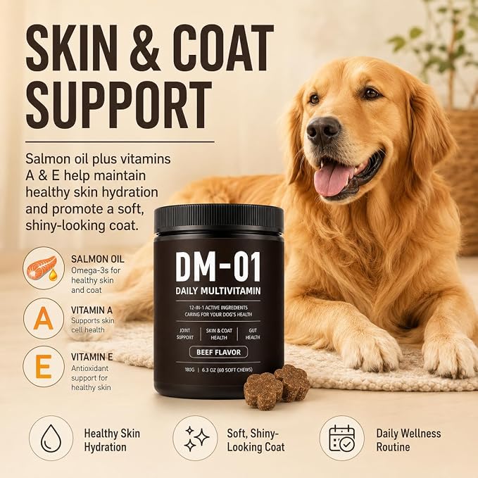 DM-01 Daily Multivitamin Itch Relief for Dogs, 12-in-1 Soft Chews with Glucosamine, MSM, Probiotics, Salmon Oil & Vitamins, Joint & Gut Support, Every Dog is Family, Loved by Humans, Beef, 60 Count