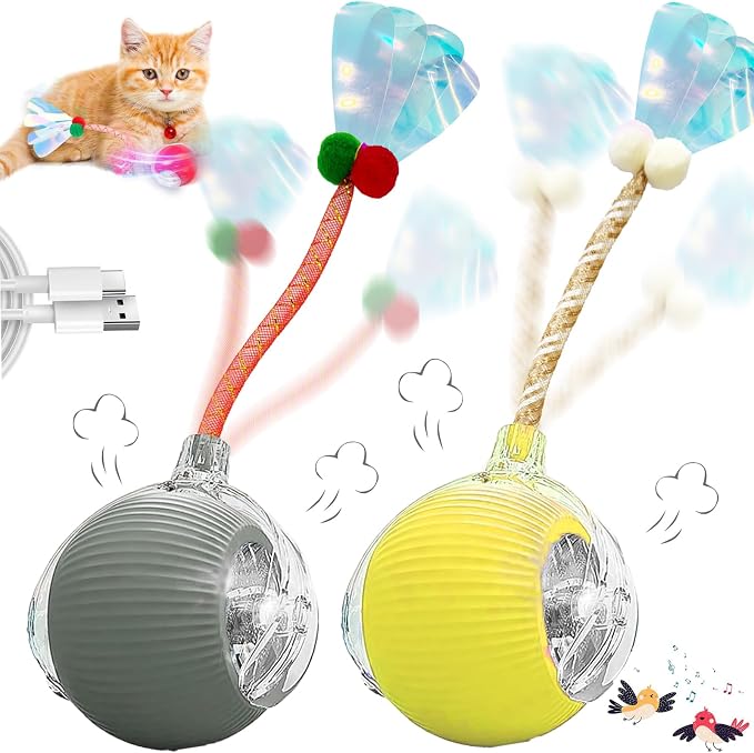 Speedy 2.0 Tail 2 Packs Interactive Cat Toys for Indoor Cats, Automatic Cat Toy with Elastic Mesh Tail, Electric Rolling Ball on Carpet, Chirping and Motion Activate Cat