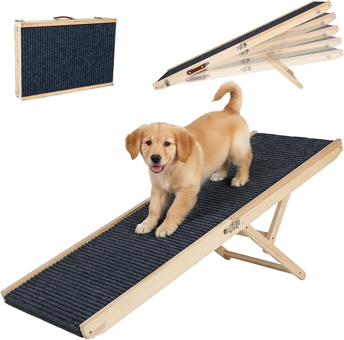 Foldable Dog Ramp for Bed and Couch - Adjustable Height with Leather Handle, Perfect for Small Dogs and Cats, Portable Pet Ramp for Easy Storage, 5 Adjustable Height, Portable 47.24'' Long