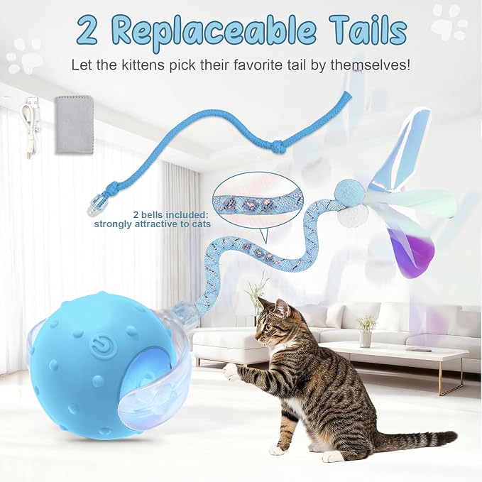 Interactive Automatic Cat Toy Ball-USB Rechargeable，Motion Activated Toy | Interactive Mode, 2 Speeds Mode, 2 Tails, Long Battery Life, Chirping, for Indoor Cats, Kitten, Works on Floor Tile Carpets