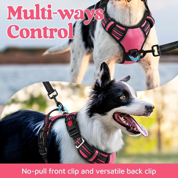 rabbitgoo Dog Harness Medium Sized, No Pull 3 Buckles Easy On & Off | Soft Padded, Walking with Control Handle, Adjustable and Reflective, Pink, Medium