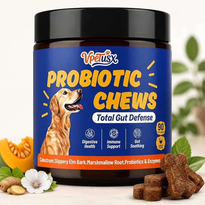 Advanced Dog Gut & Immune Support - Probiotics for Dogs Upset Stomach & Gas Relief with Pumpkin, Slippery Elm,Colostrum & Digestive Enzymes, (Duck Flavor 90 ct)